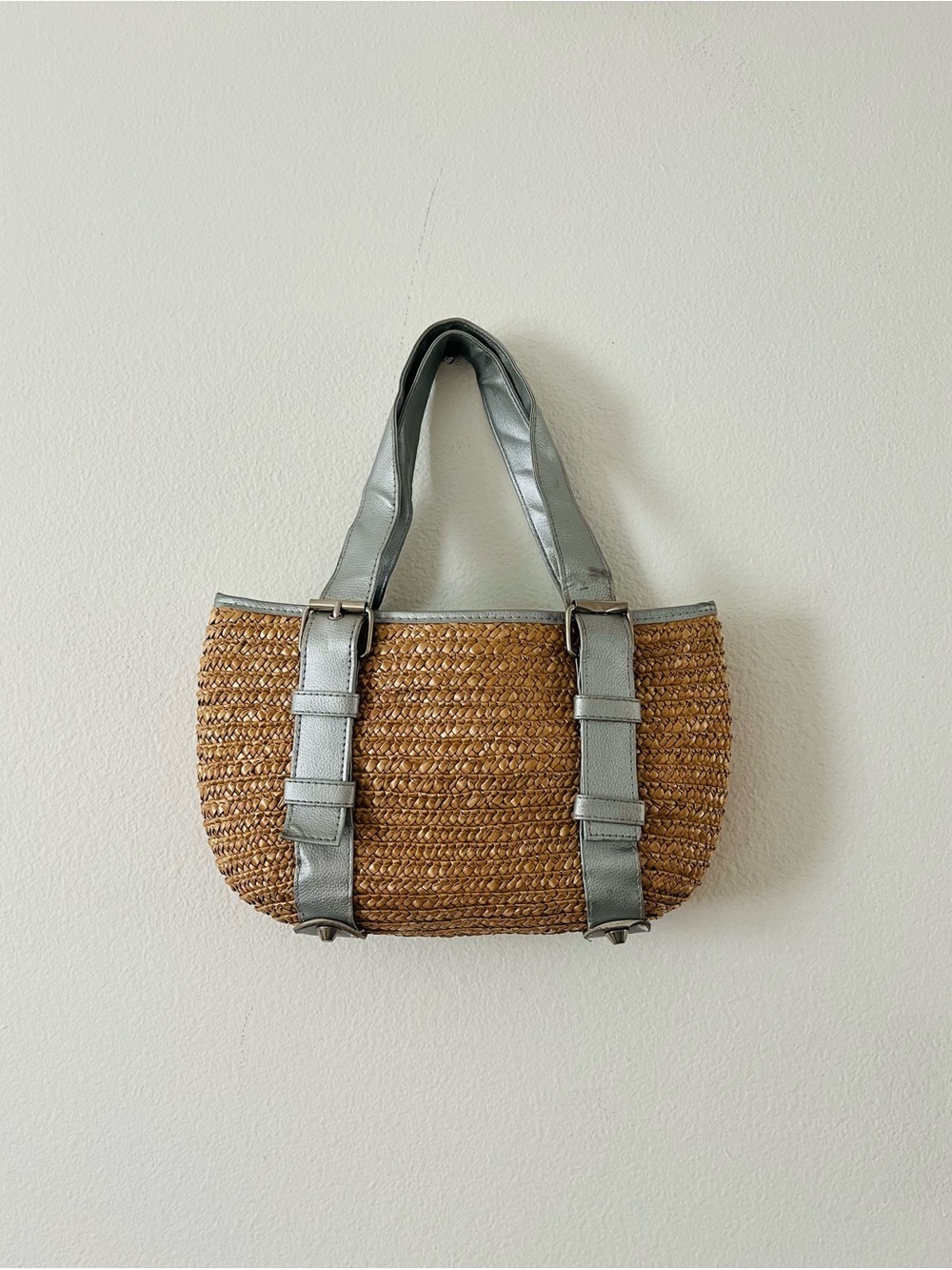 Woven Straw Tote with Silver Trim - Women's Shoulder Bag